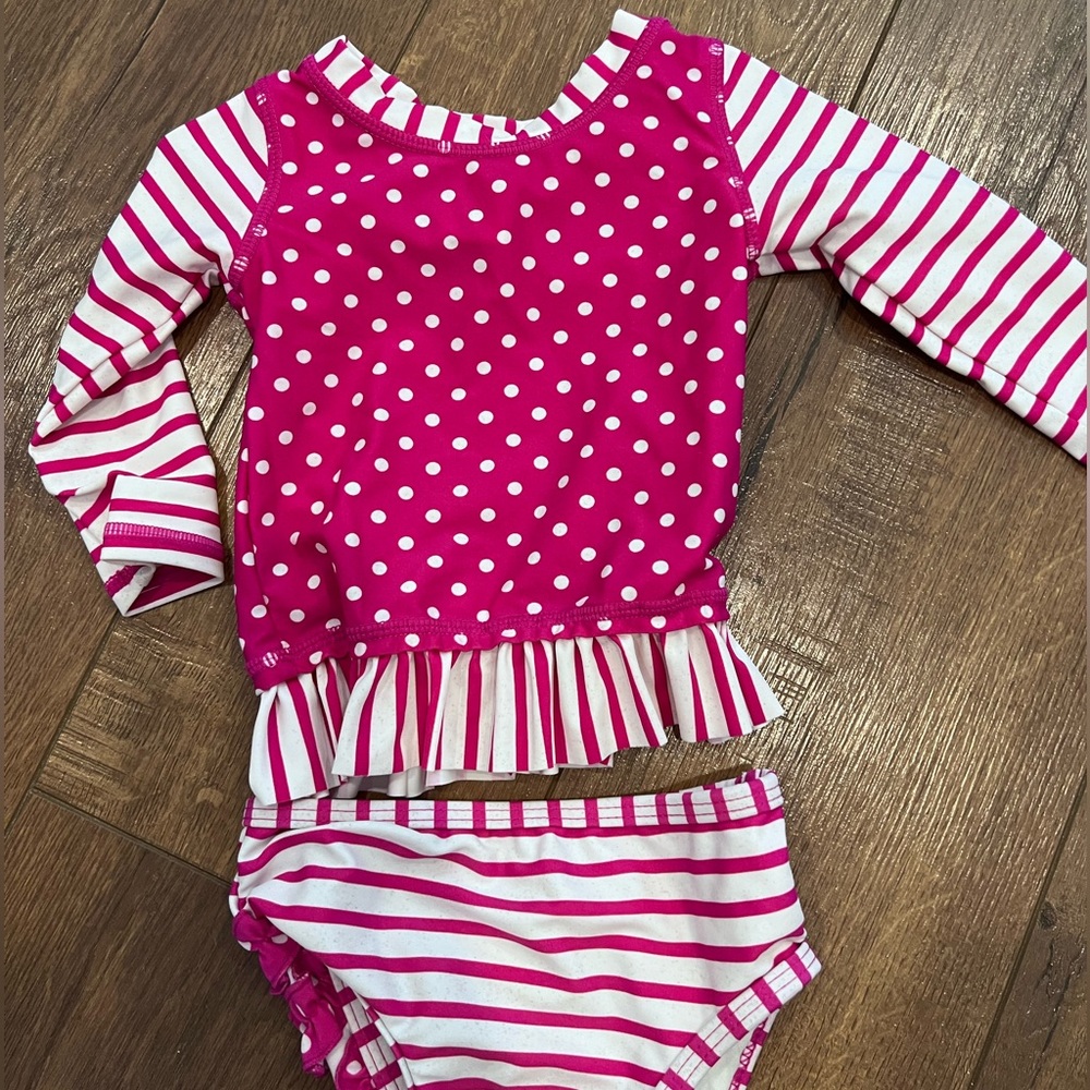 Ruffle Butts Pink Polka Dot and Stripe Swim Set